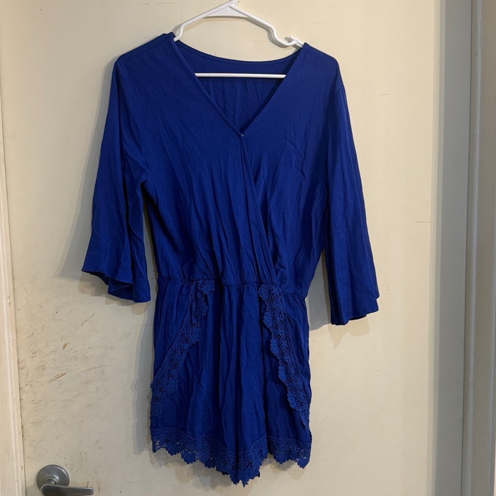 NWT Blue V-Neck Romper with Lace Trim